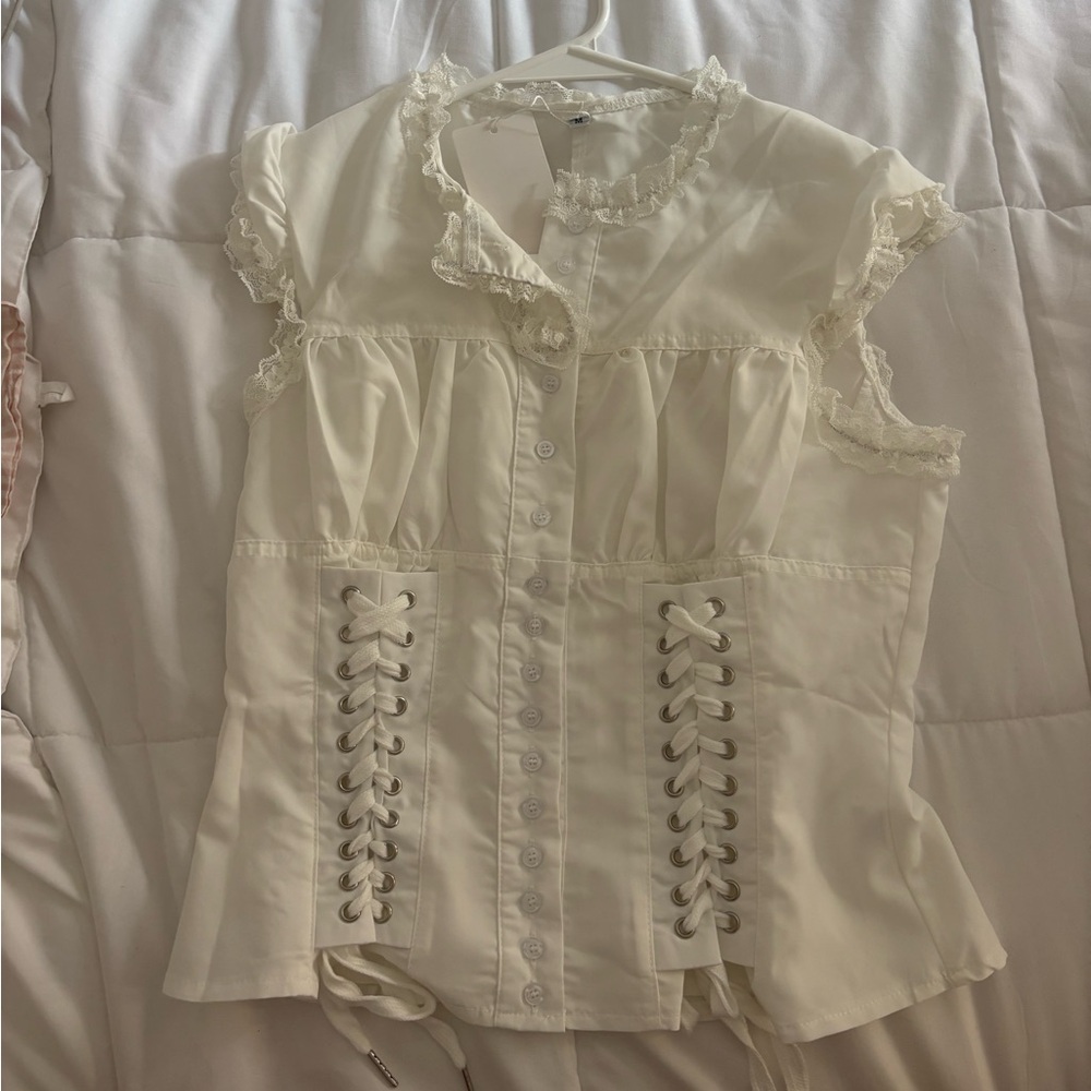 Lace button up white blouse